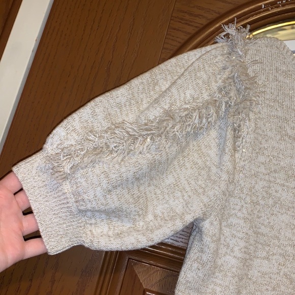 Ann Taylor Beige & Metallic Gold Shimmer Fringe Detail Puff Sleeve Sweater - Picture 11 of 16